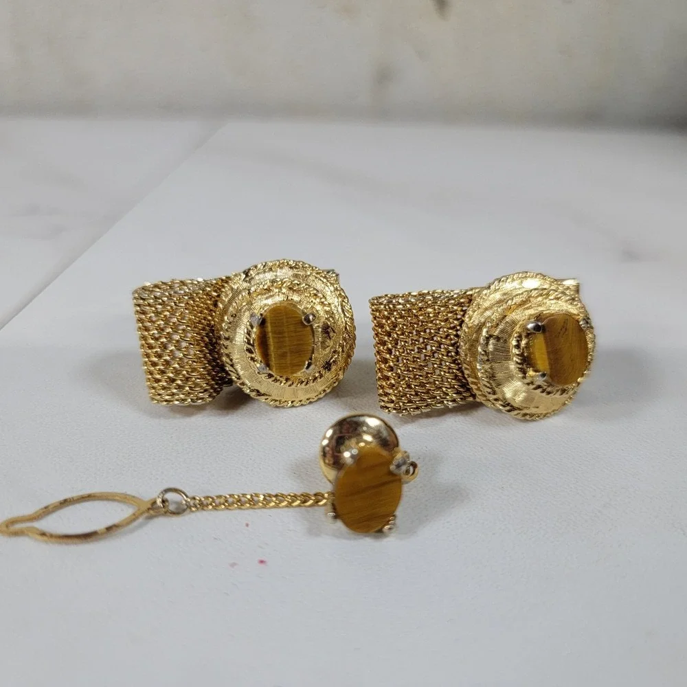 TIGER'S EYE MESH CUFFLINKS WRAP AROUND VINTAGE MID CENTURY Tie‎ Tack